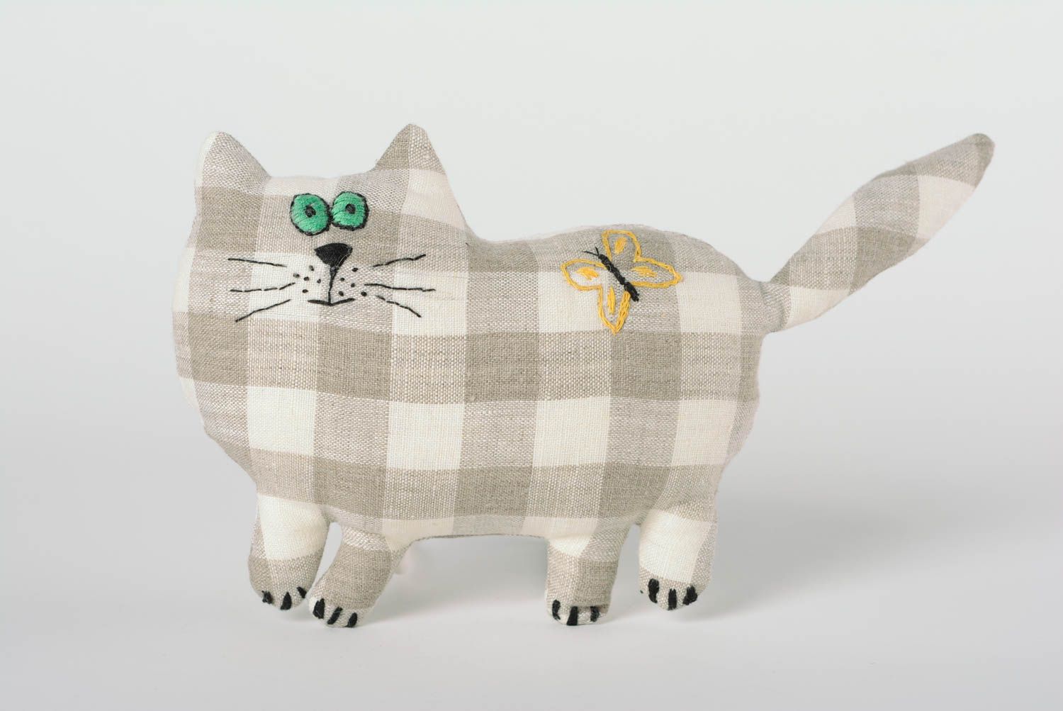 Handmade funny soft toy sewn of checkered linen fabric with embroidery Cat photo 1