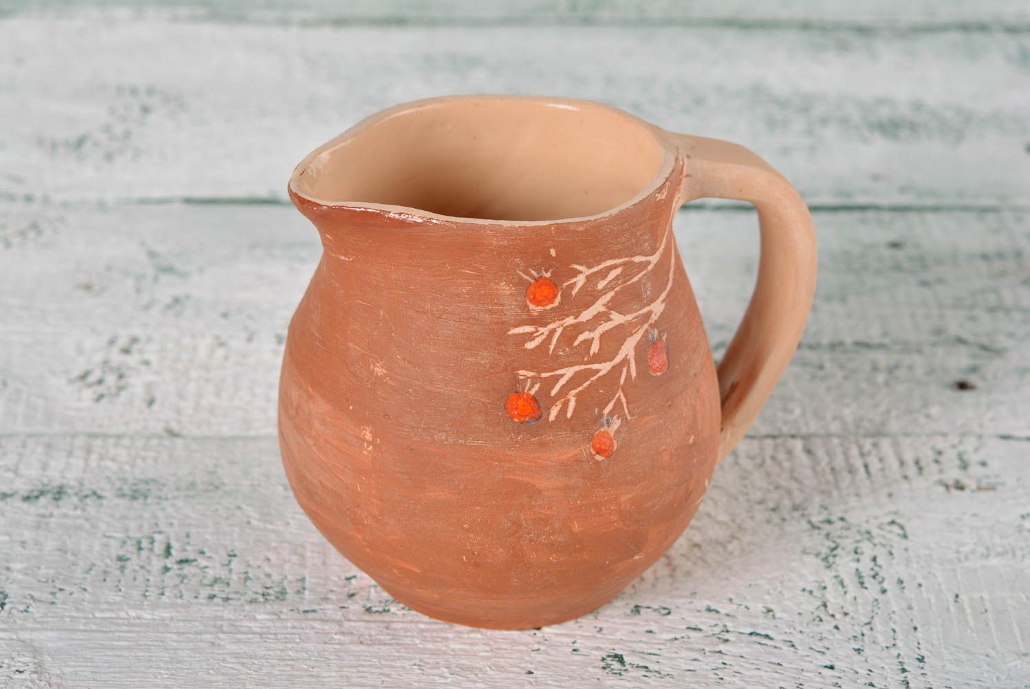 30 oz clay lead-free juice pitcher with a hand-painted ornament with handle 6 inches, 1,54 lb photo 2
