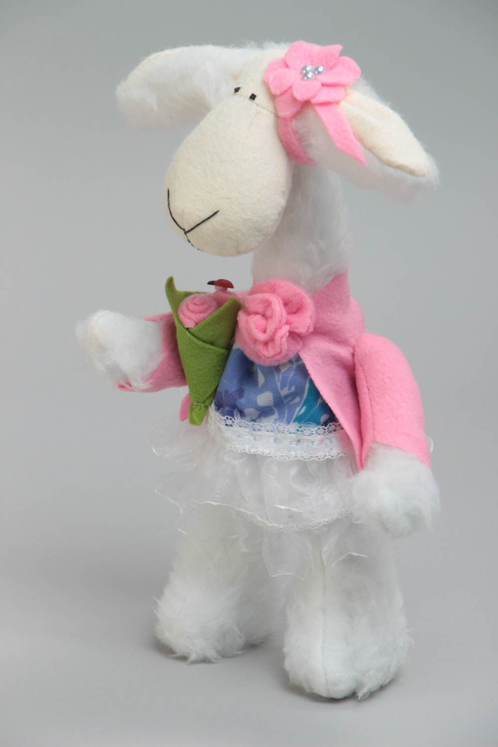 Handmade designer soft toy sewn of faux fur cute lamb girl in pink jacket photo 2