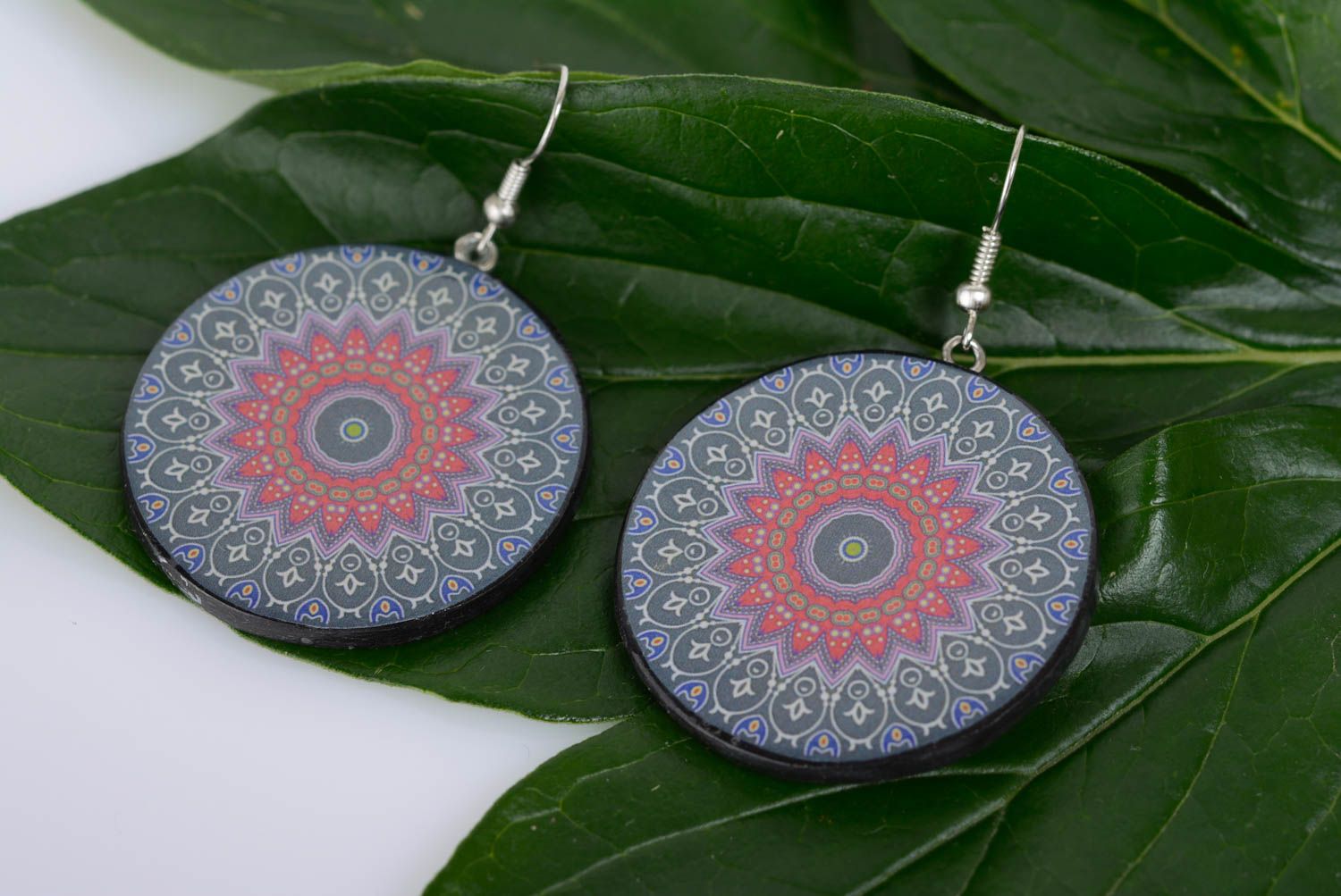 Bright handmade round plastic earrings with ethnic ornament unusual design photo 3