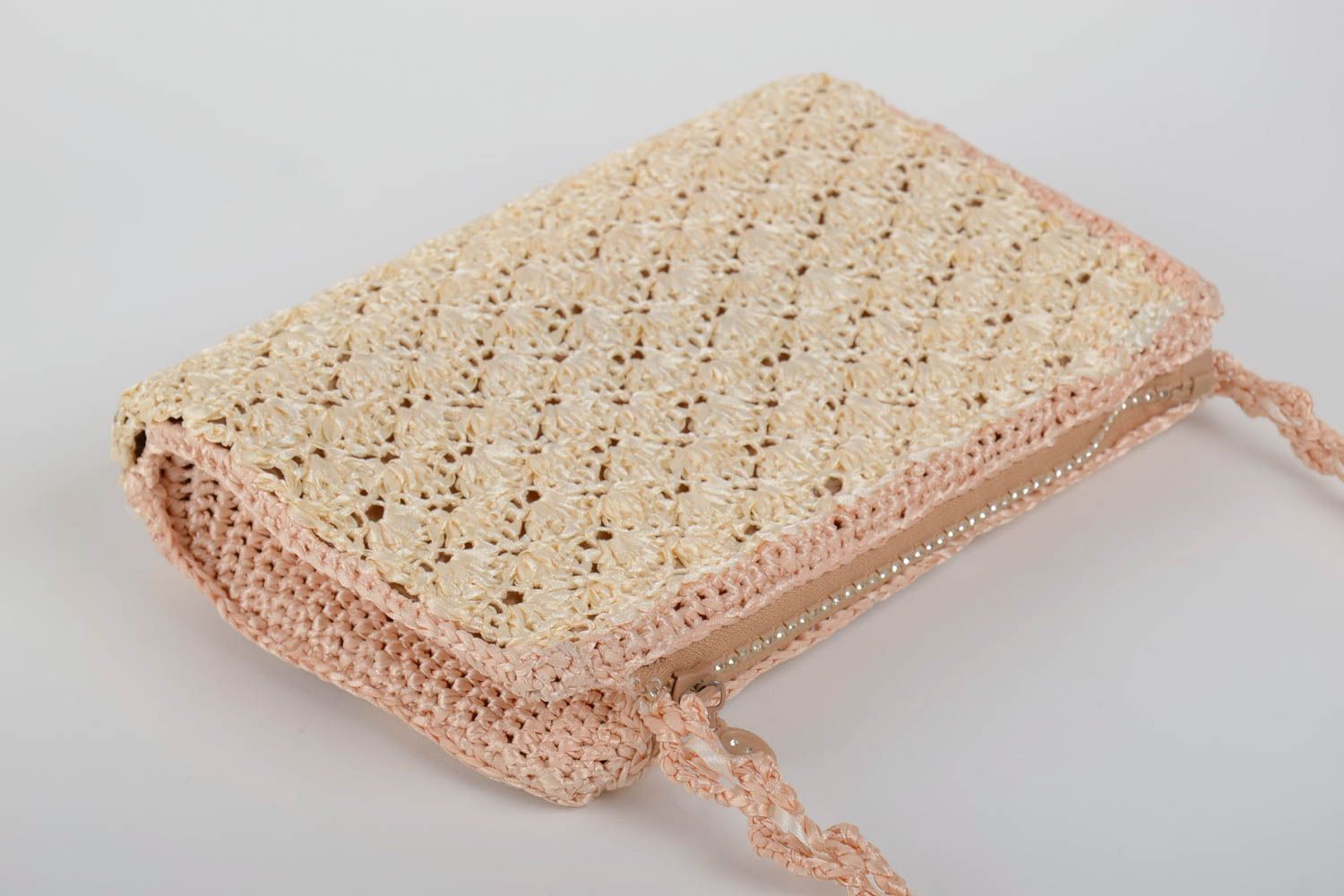 Handmade designer light crocheted clutch bag with pink and violet ribbon flowers photo 3