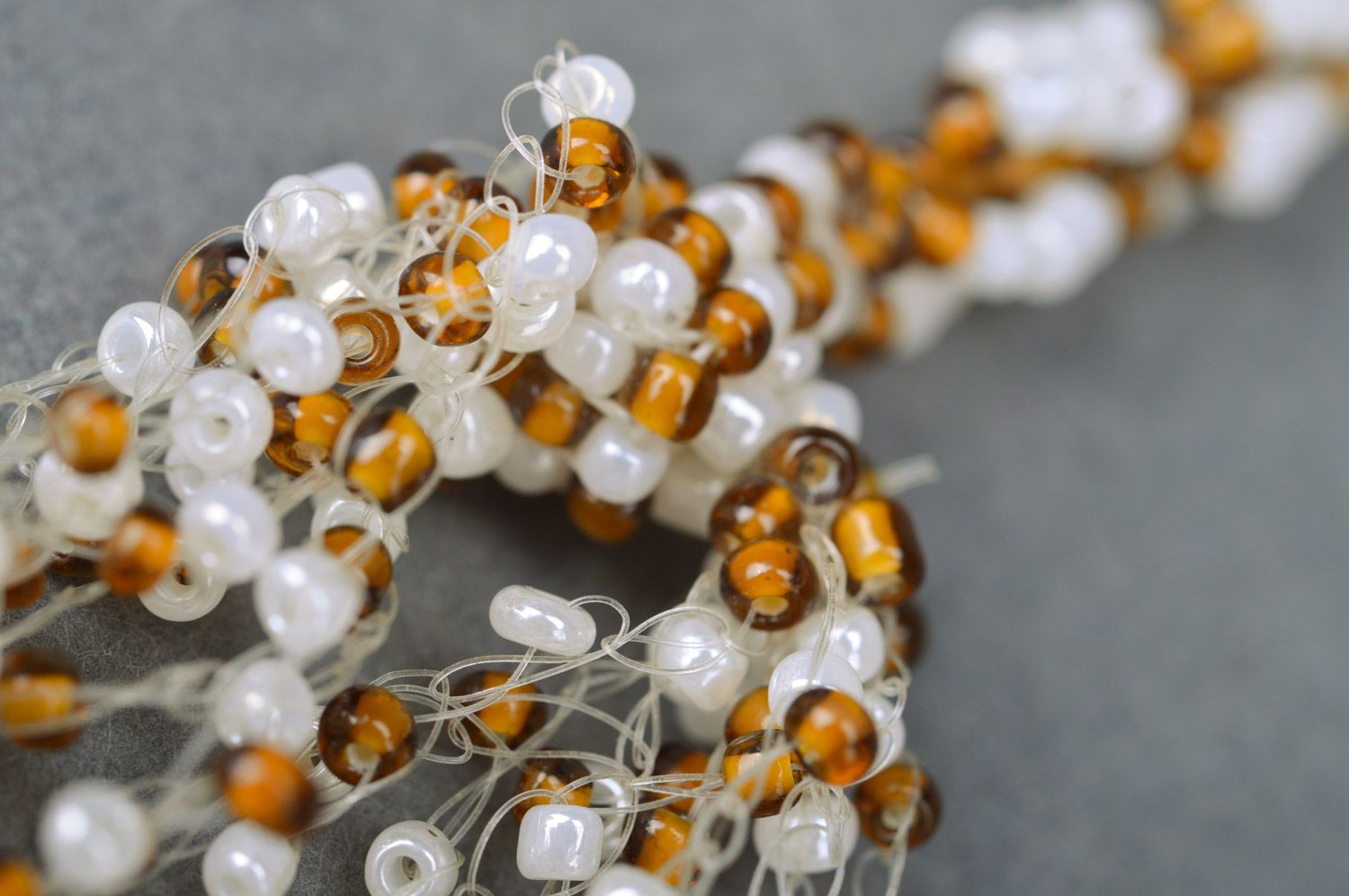 Handmade airy multi row necklace woven of brown and white Czech beads photo 4