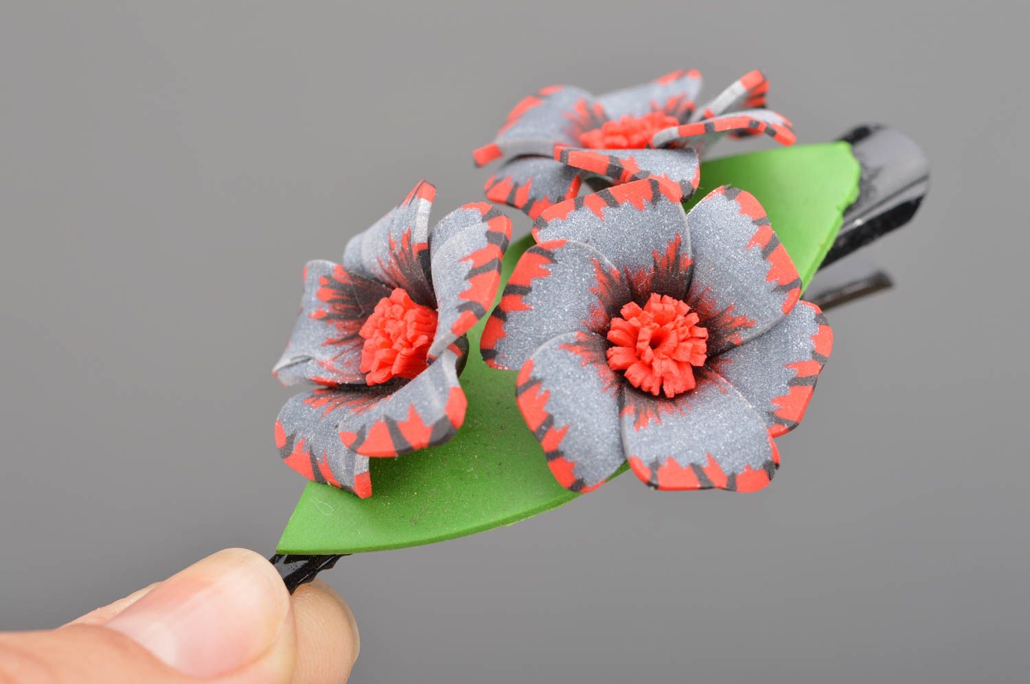 Handmade grey with red and green hair clip with flowers made of polymer clay photo 2