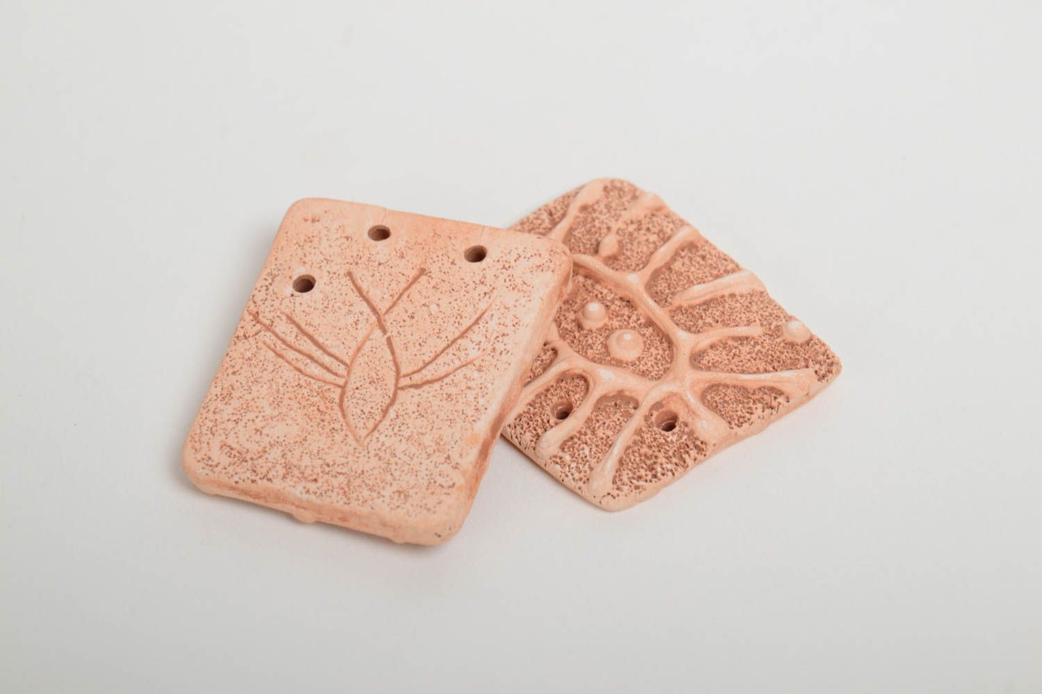 Set of 2 handmade flat ceramic blank pendants with abstract embossed pattern photo 2