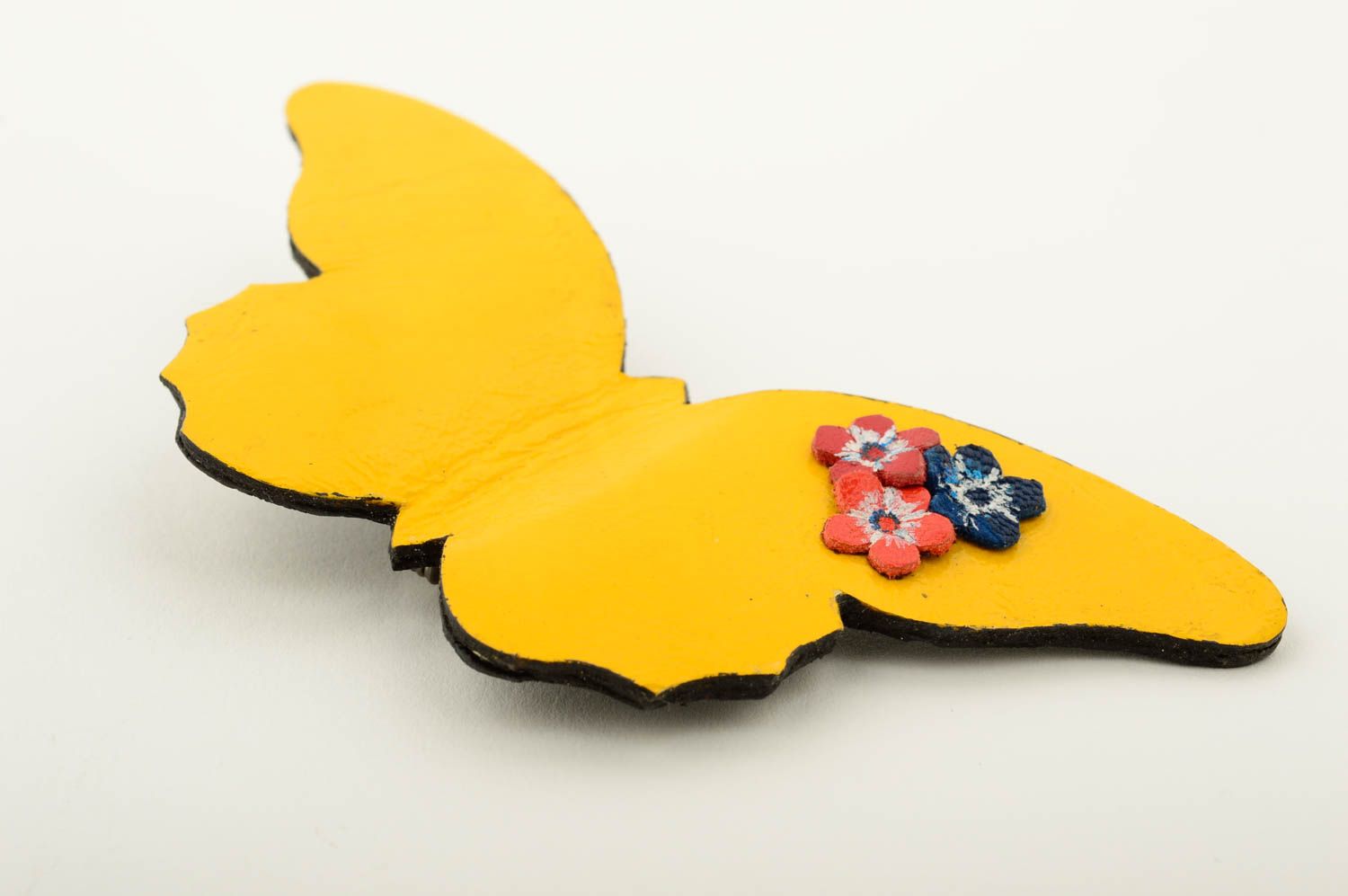 Broche jaune Bijou fait main papillon et fleurs en cuir Cadeau pour femme photo 3