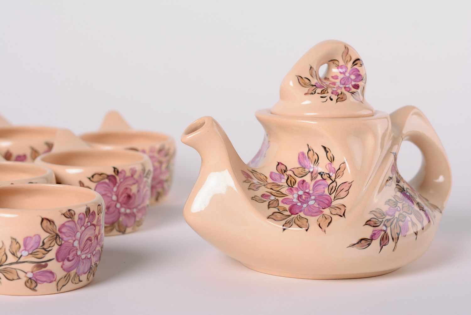Handmade beautiful clay tea set for six persons majolica with painting majolica ceramics  photo 2
