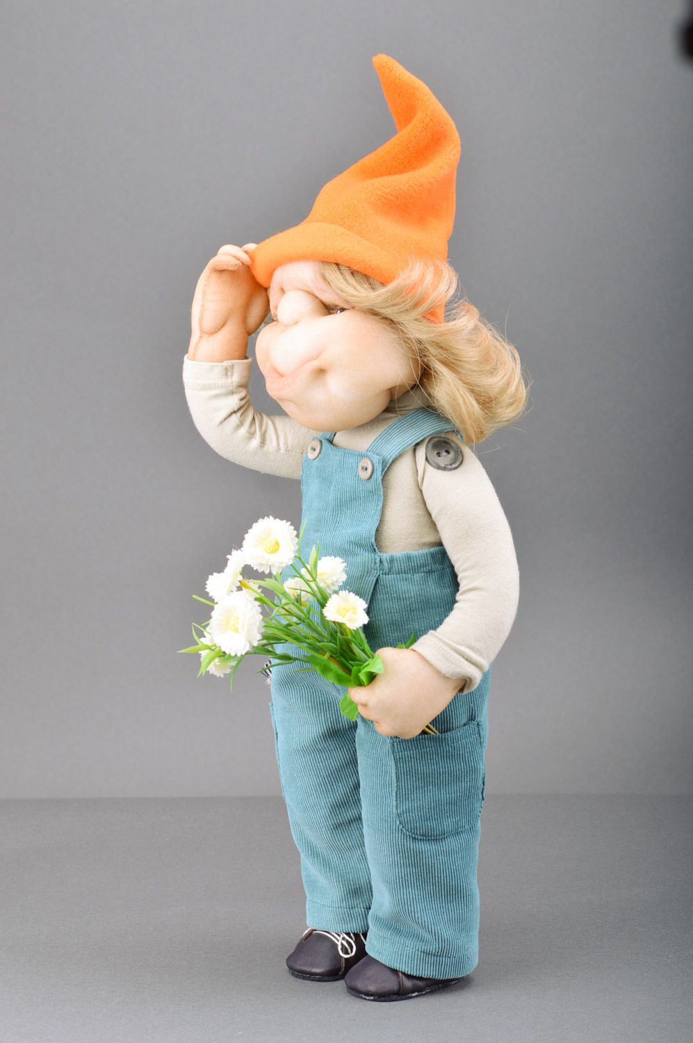 Cute handmade sculptured cloth doll Gnome in Orange Hat for interior decoration photo 1