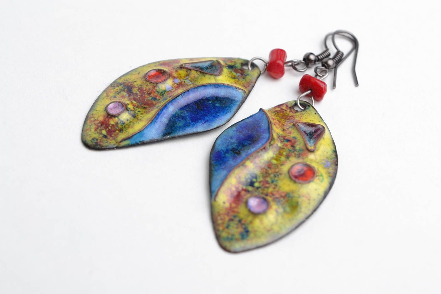 Handmade designer colorful copper dangling earrings coated with enamels Petals photo 3