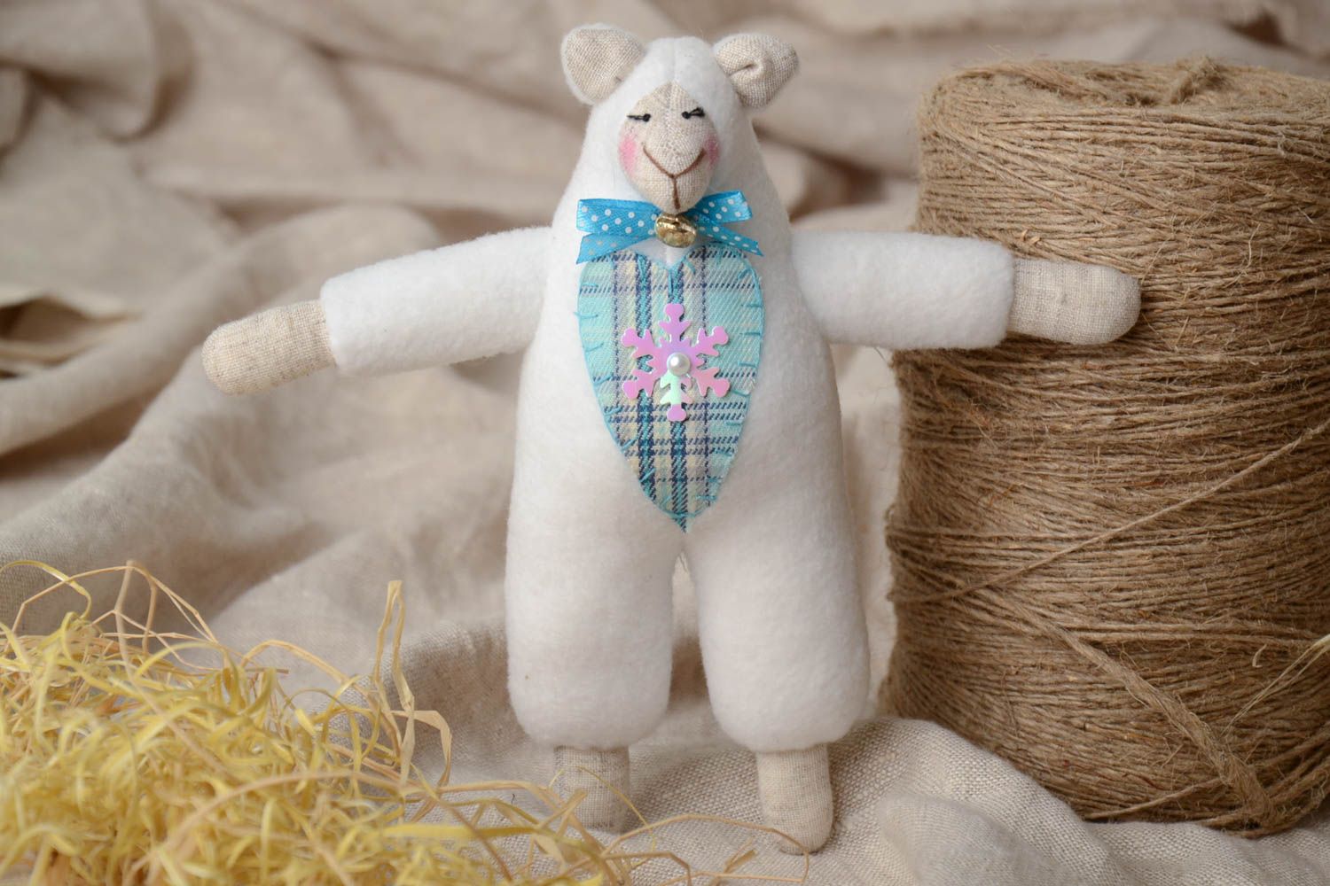 Handmade soft toy sewn of cotton and fleece white lamb with blue checkered heart photo 1