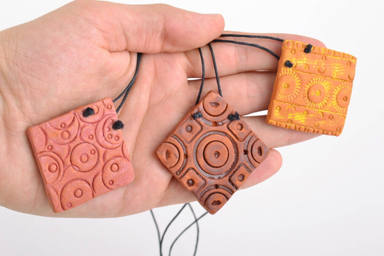 Handmade square shaped clay pendants set of 3 products of different colors photo 2