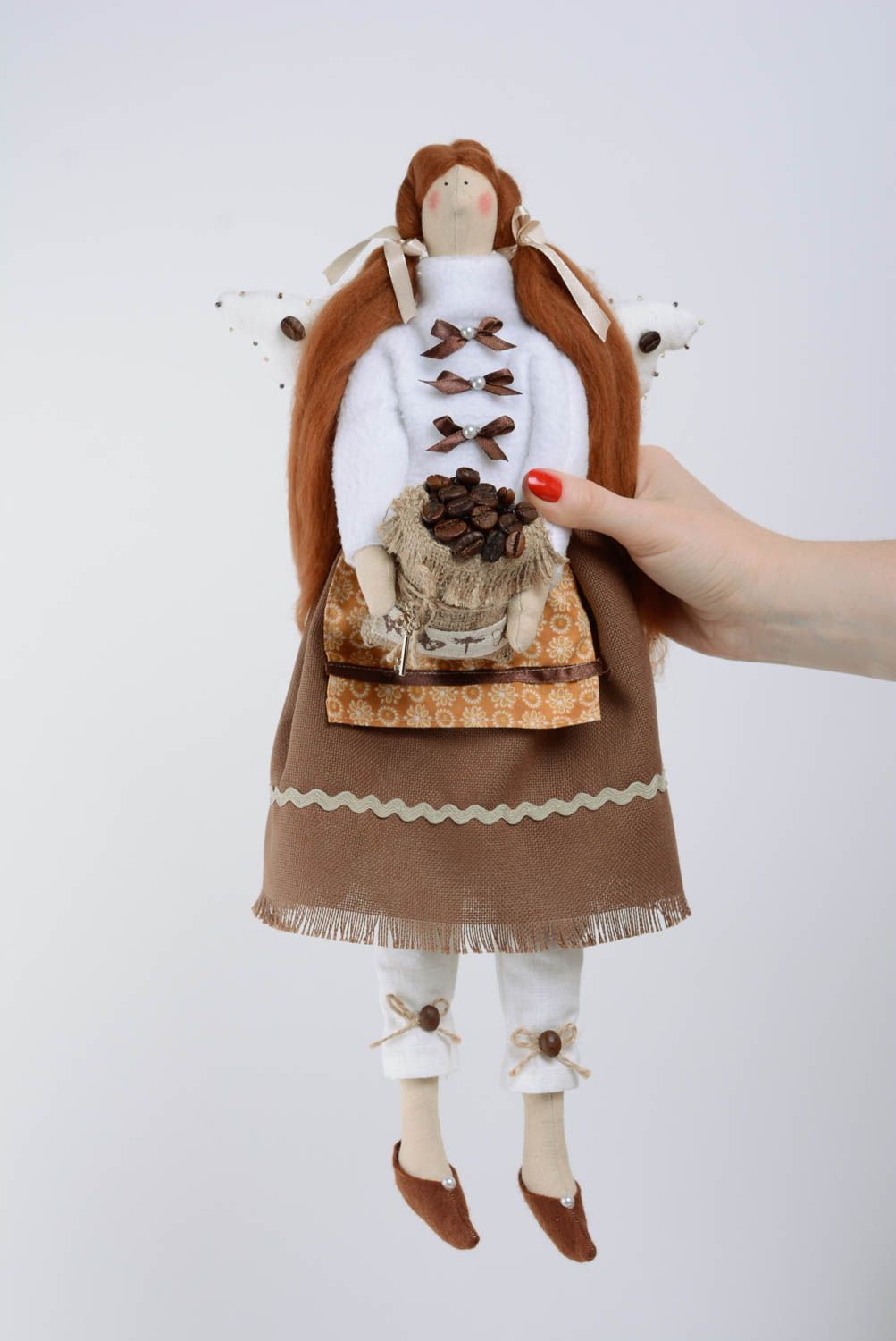 Muñeca de trapo artesanal decorativa para niños chica de pelo largo y saquete foto 5