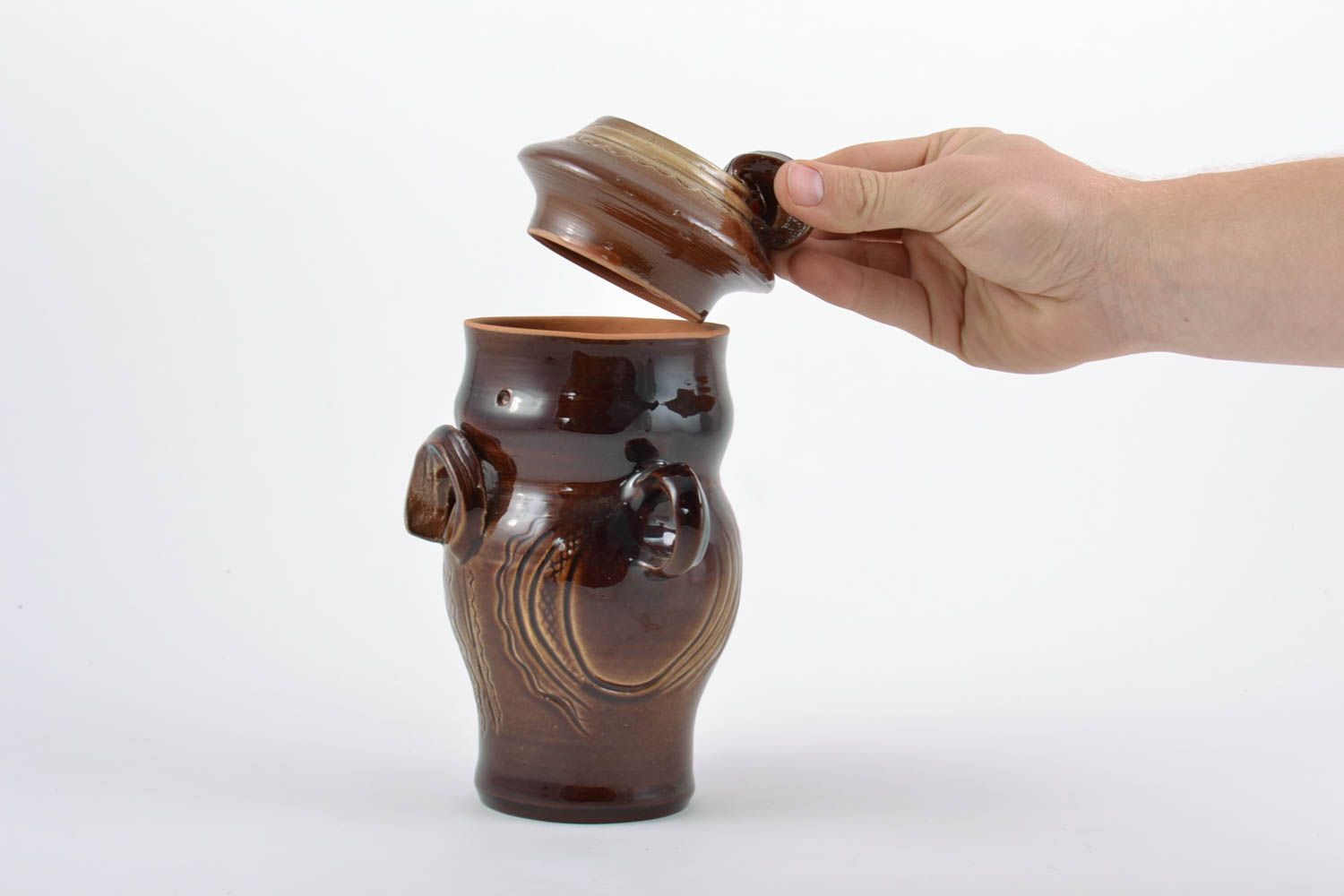 Pot céramique avec couvercle recouvert de glaçure fait main brun à épices 1 l photo 3