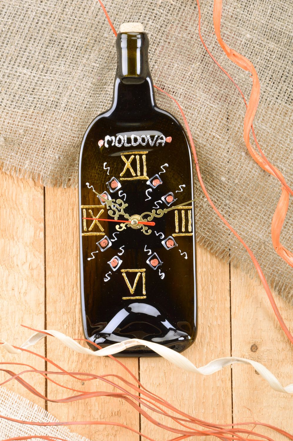 Handmade long dark fused glass wall clock in the shape of wine bottle with cork photo 1