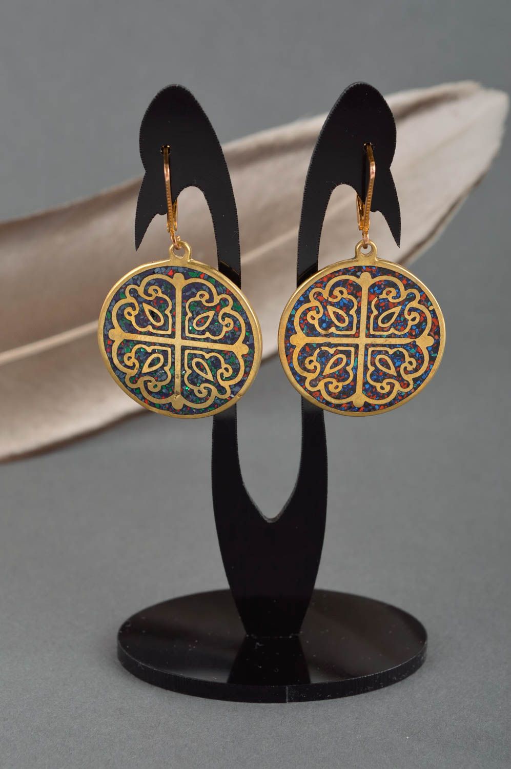 Fashion earrings with natural stones handmade brass earrings metal bijouterie photo 1