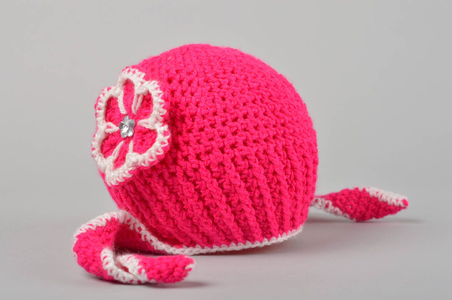 Вязаная шапка для детей ручной работы весенняя шапка розовая шапка ушанка фото 2