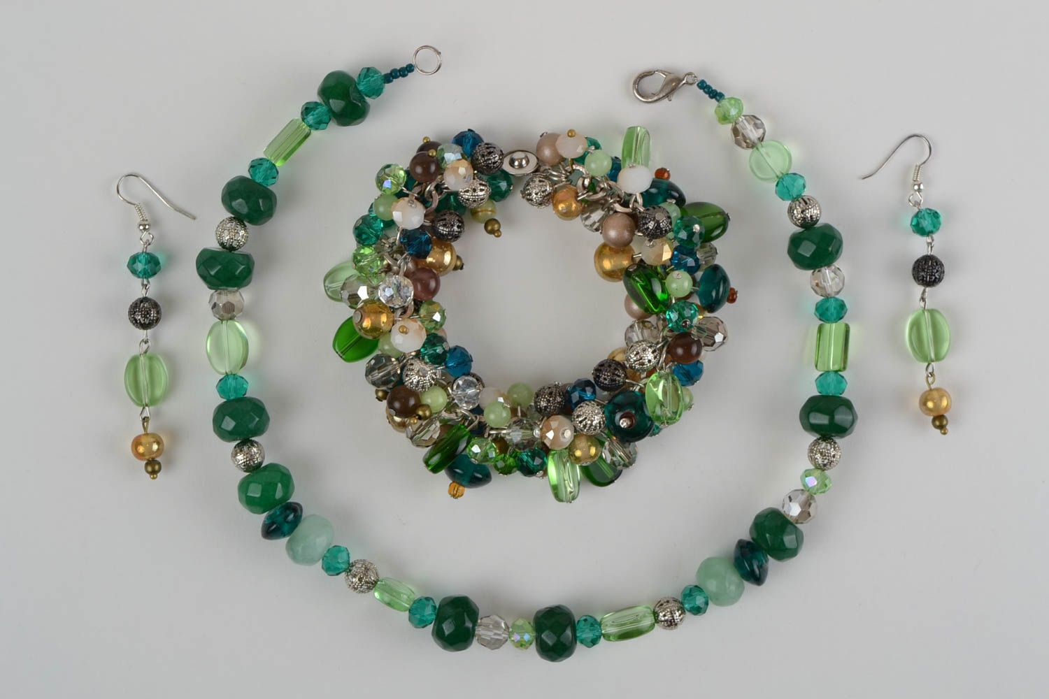 Handmade green natural stone designer jewelry set necklace bracelet earrings photo 3