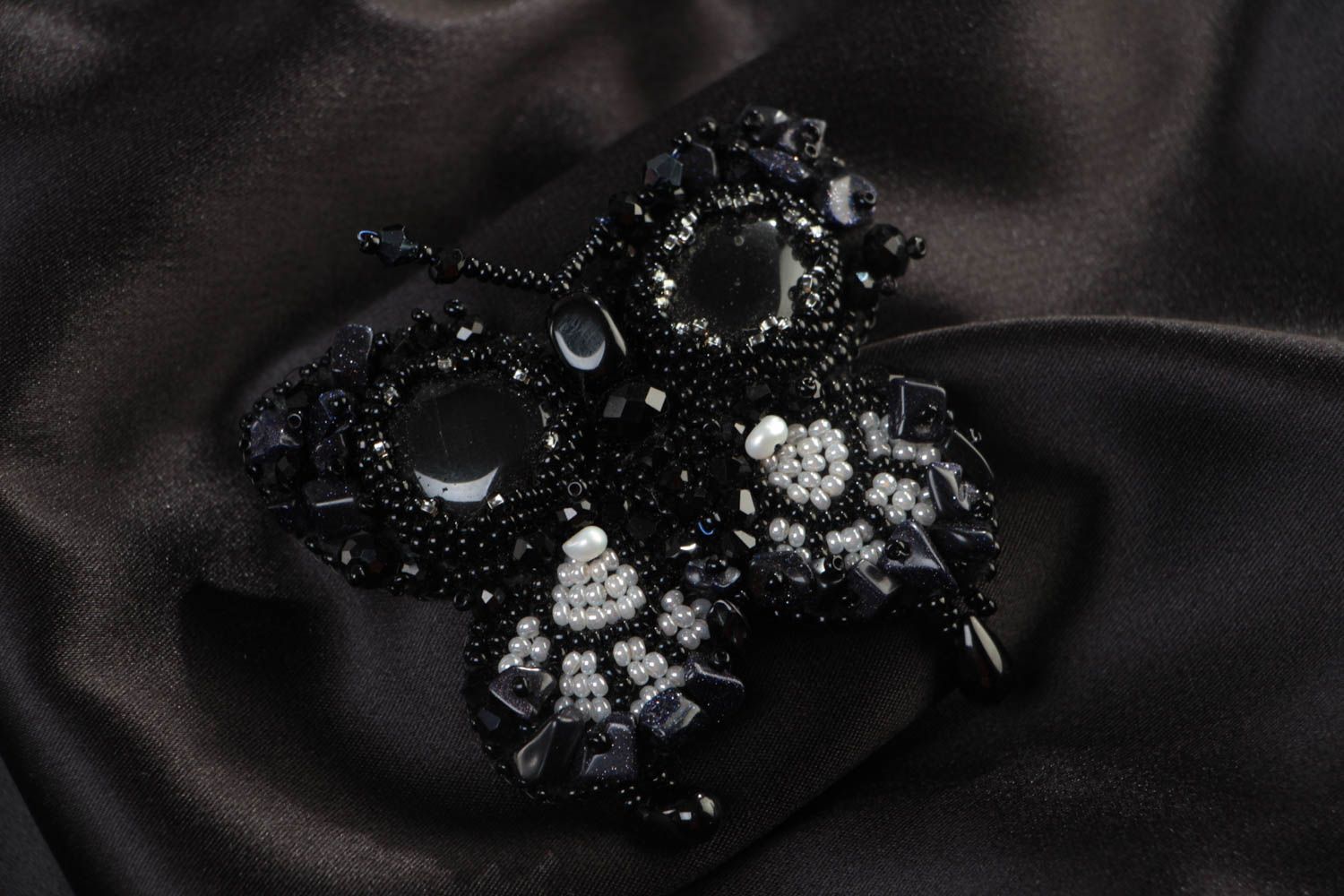Elegant handmade black brooch with bead embroidery and natural stones Butterfly photo 1