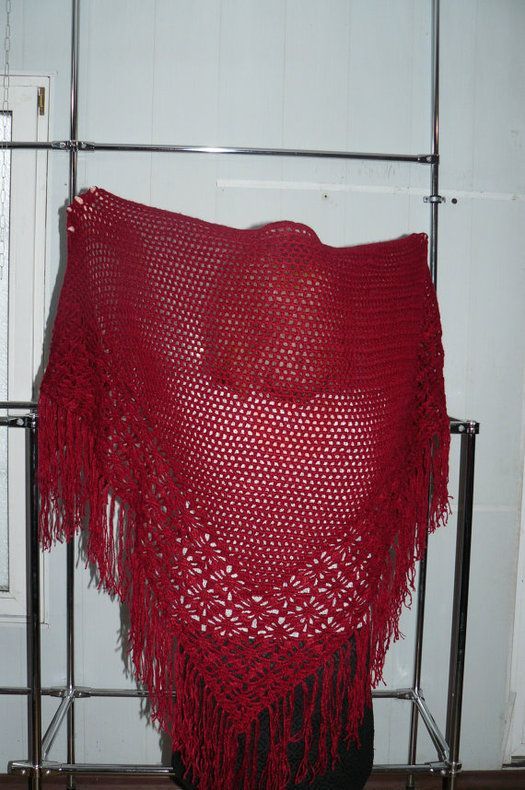 Écharpe tricotée au crochet ajourée rouge grande en mi-laine faite main femme photo 1