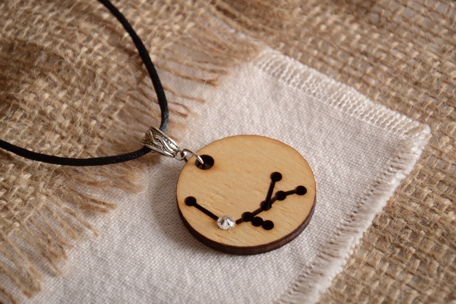 Handmade wooden pendant with the sign of zodiac and crystals on a long cord photo 1