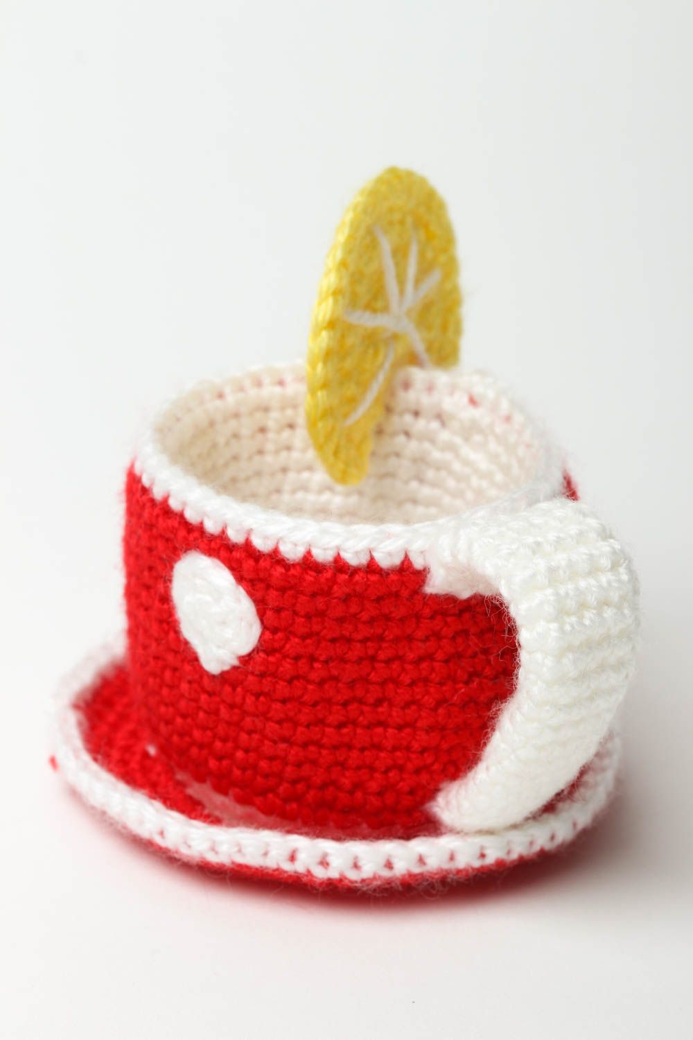 Jouet tricoté Peluche faite main tasse rouge à pois avec citron Cadeau enfant photo 4