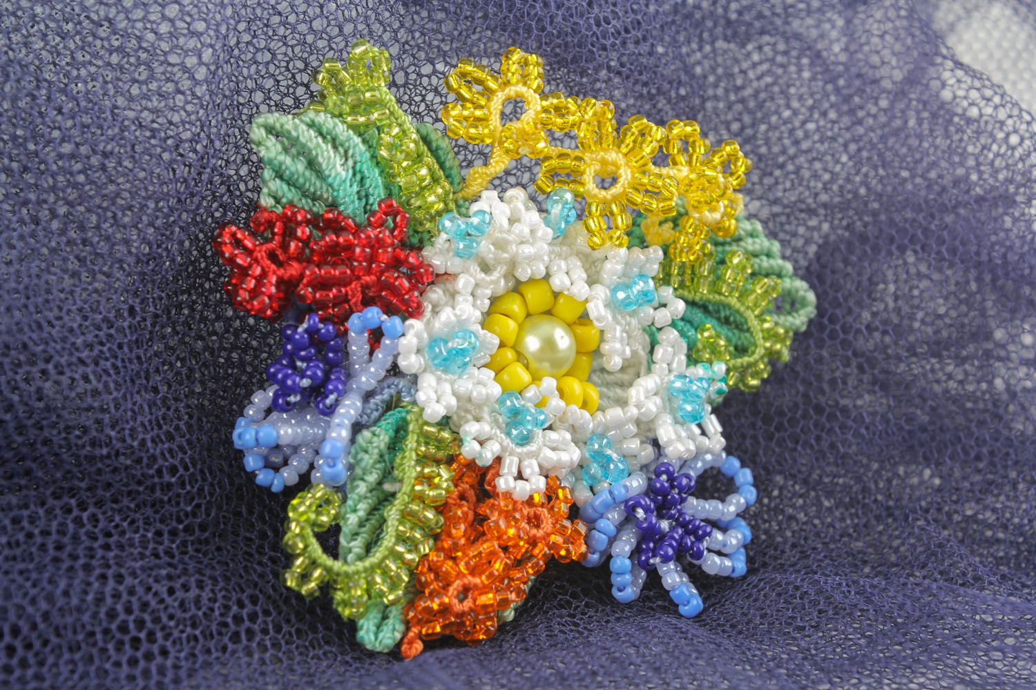 Homemade brooch woven of threads and beads Spring photo 1