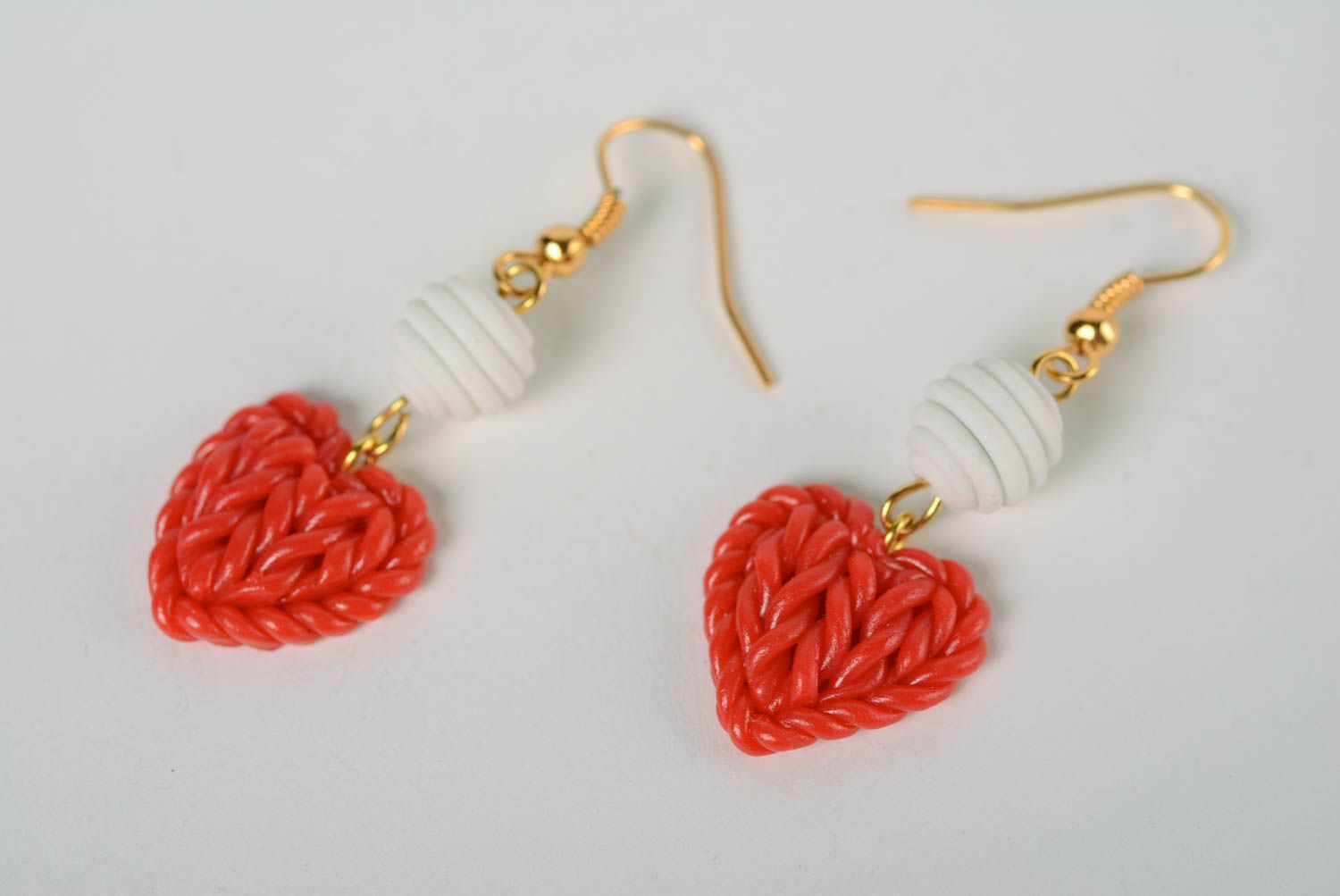 Polymer clay handmade earrings with knitted pattern Red Hearts stylish jewelry photo 1