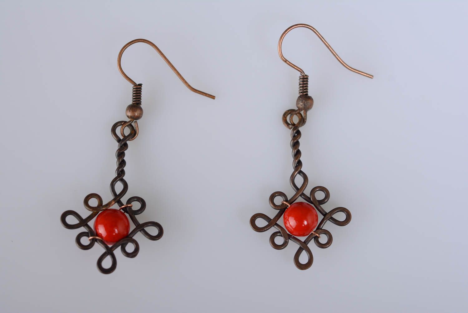 Handmade copper earrings with beads wire wrap technique beautiful accessory photo 4