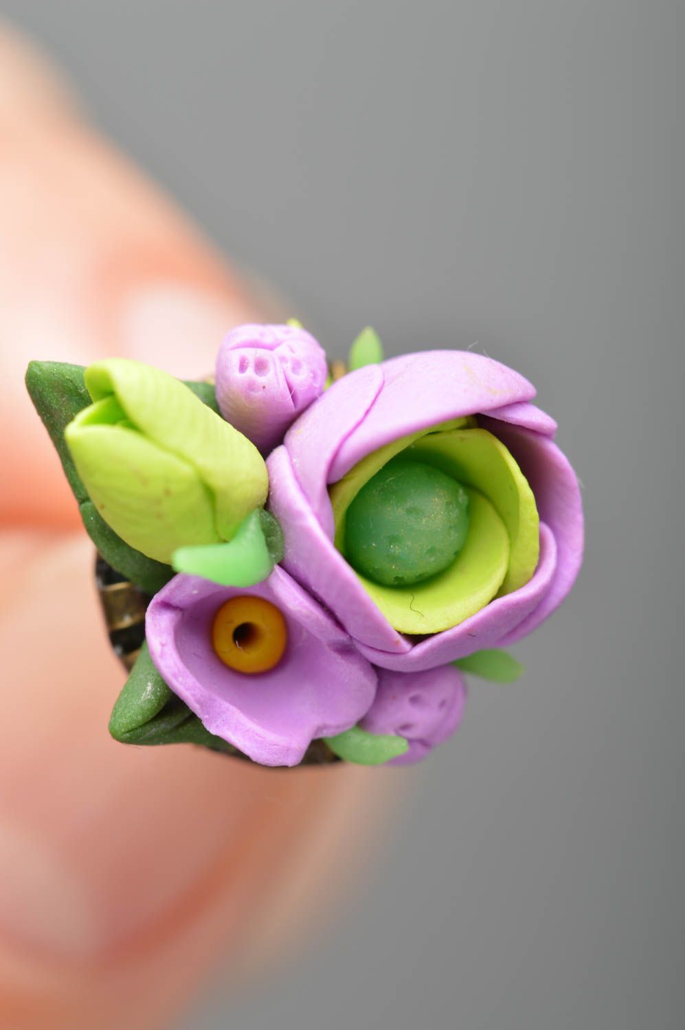 Handmade designer polymer clay stud earrings volume flower bouquets violet green photo 3