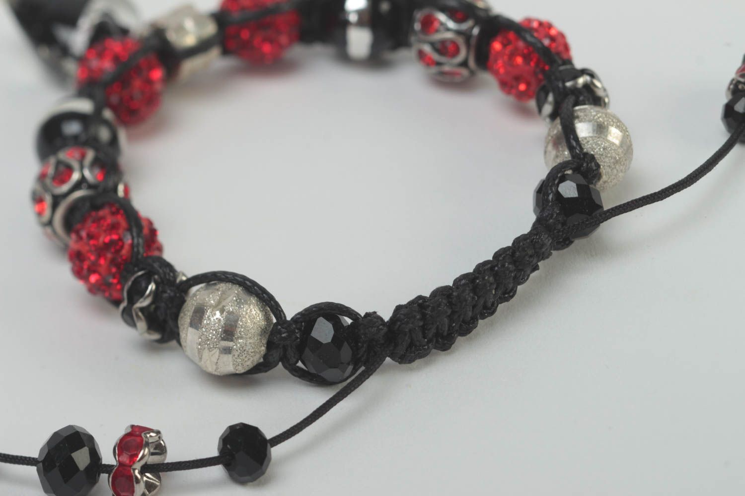 Black rope cord strand bracelet with black, red beads and heart-shaped charm photo 5