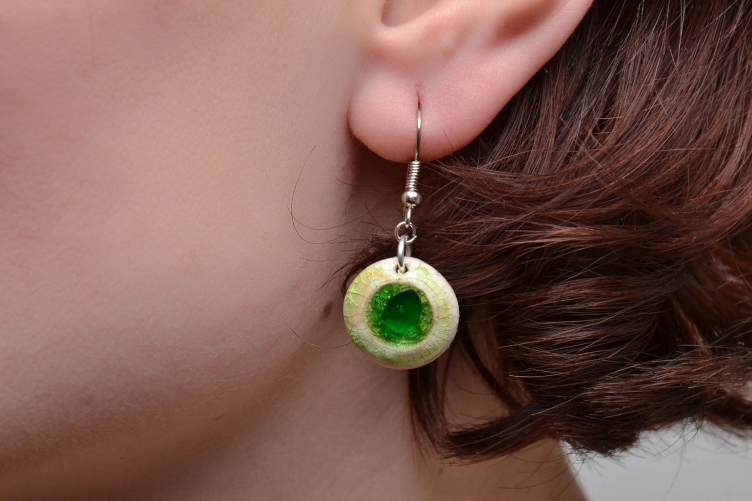 Round ceramic earrings with colorful glass of green color photo 5