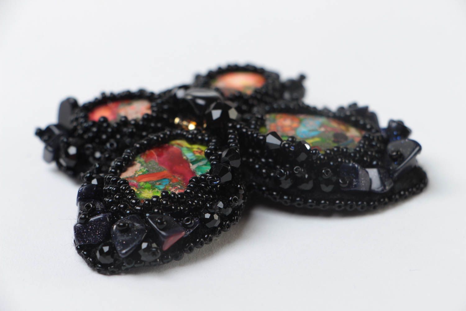 Handmade designer black brooch embroidered with beads and crystals Butterfly photo 3