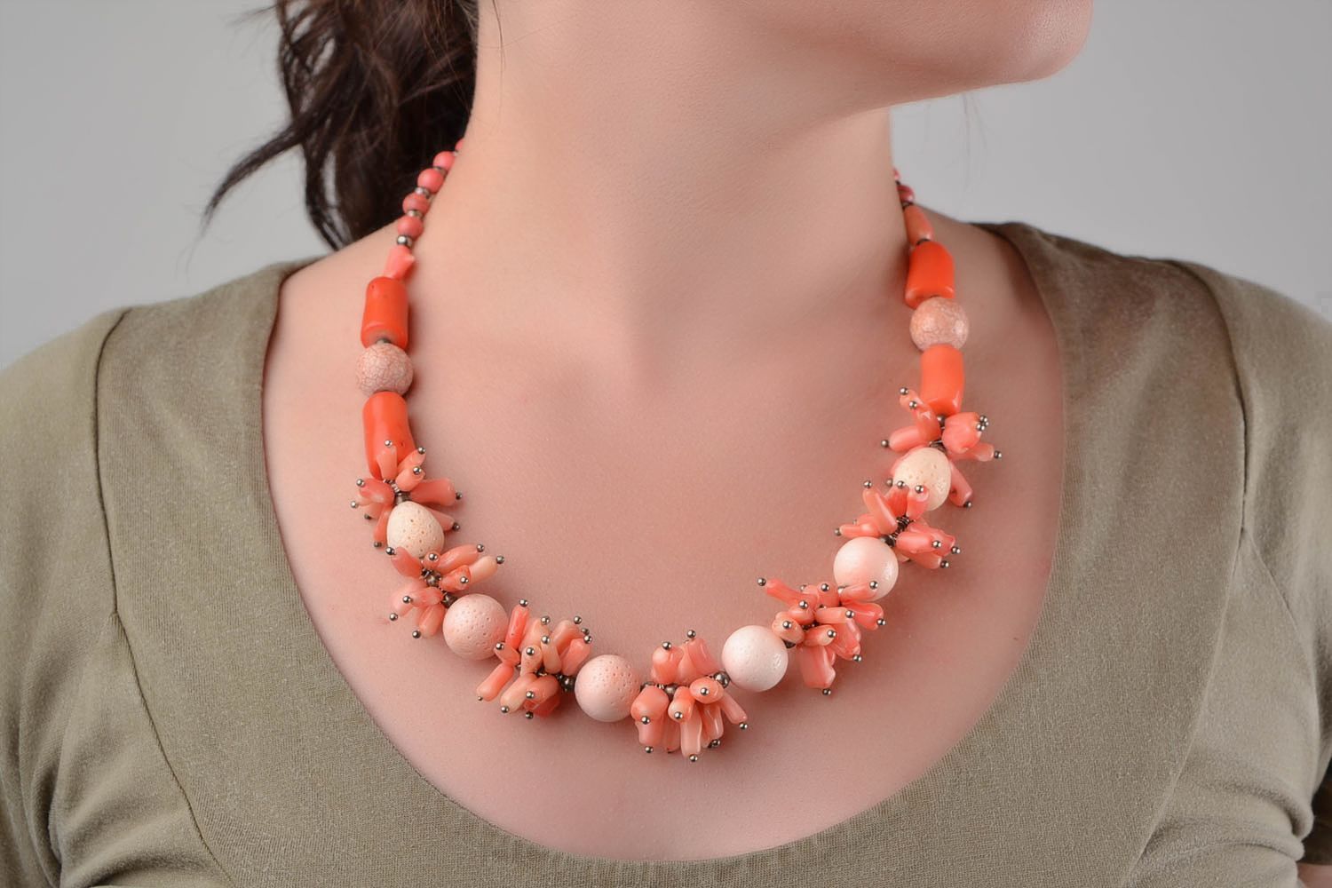 Necklace made of beads and natural stones pink delicate handmade accessory photo 1