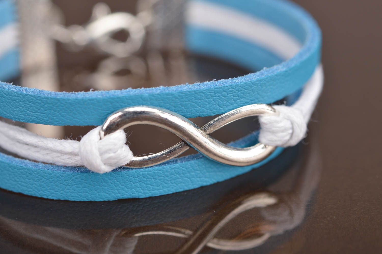 Handmade blue and white natural leather cord thin wrist bracelet for kids photo 5