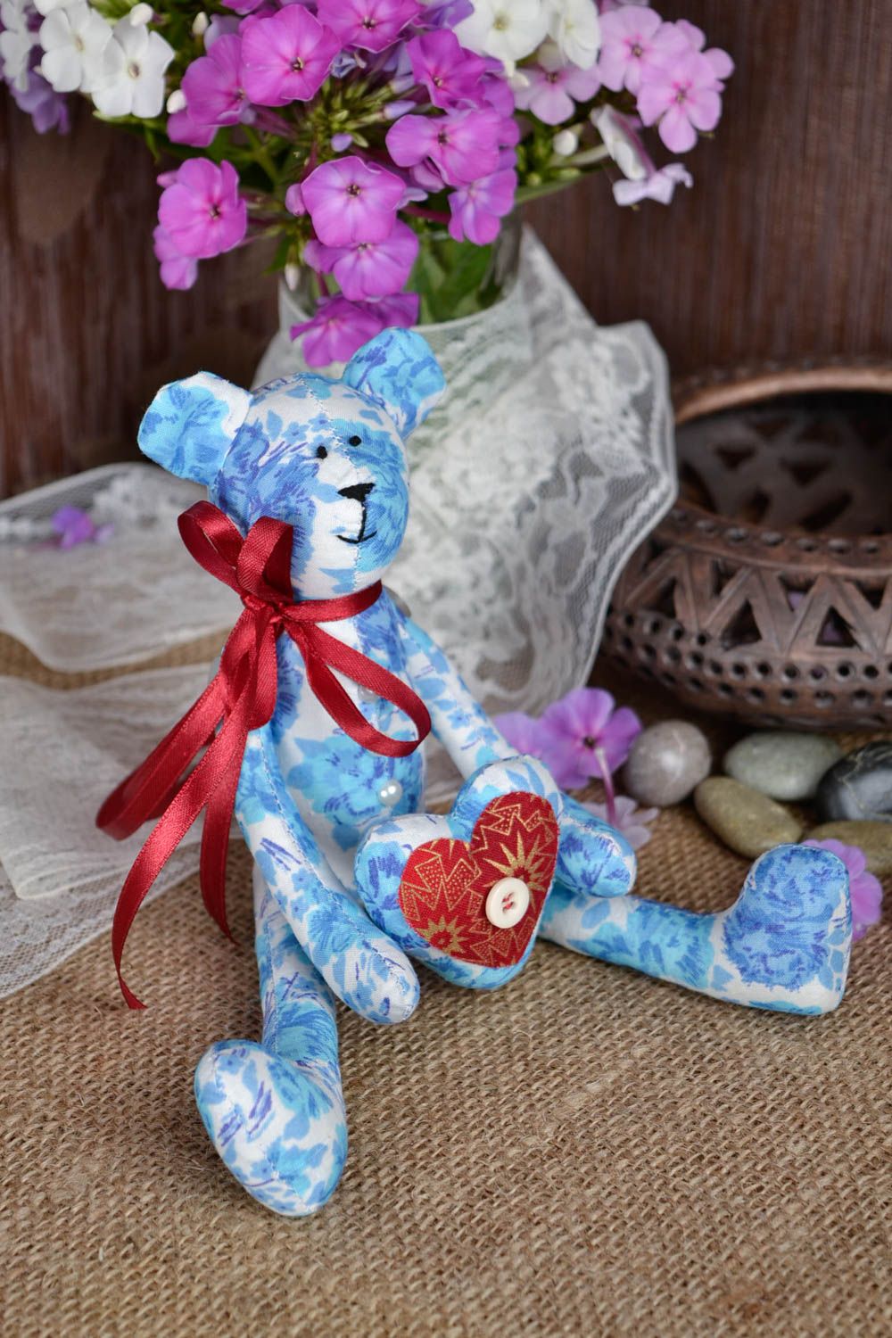 Jouet Ours en tissu de coton naturel fait main bleu avec coeur Cadeau enfant photo 1