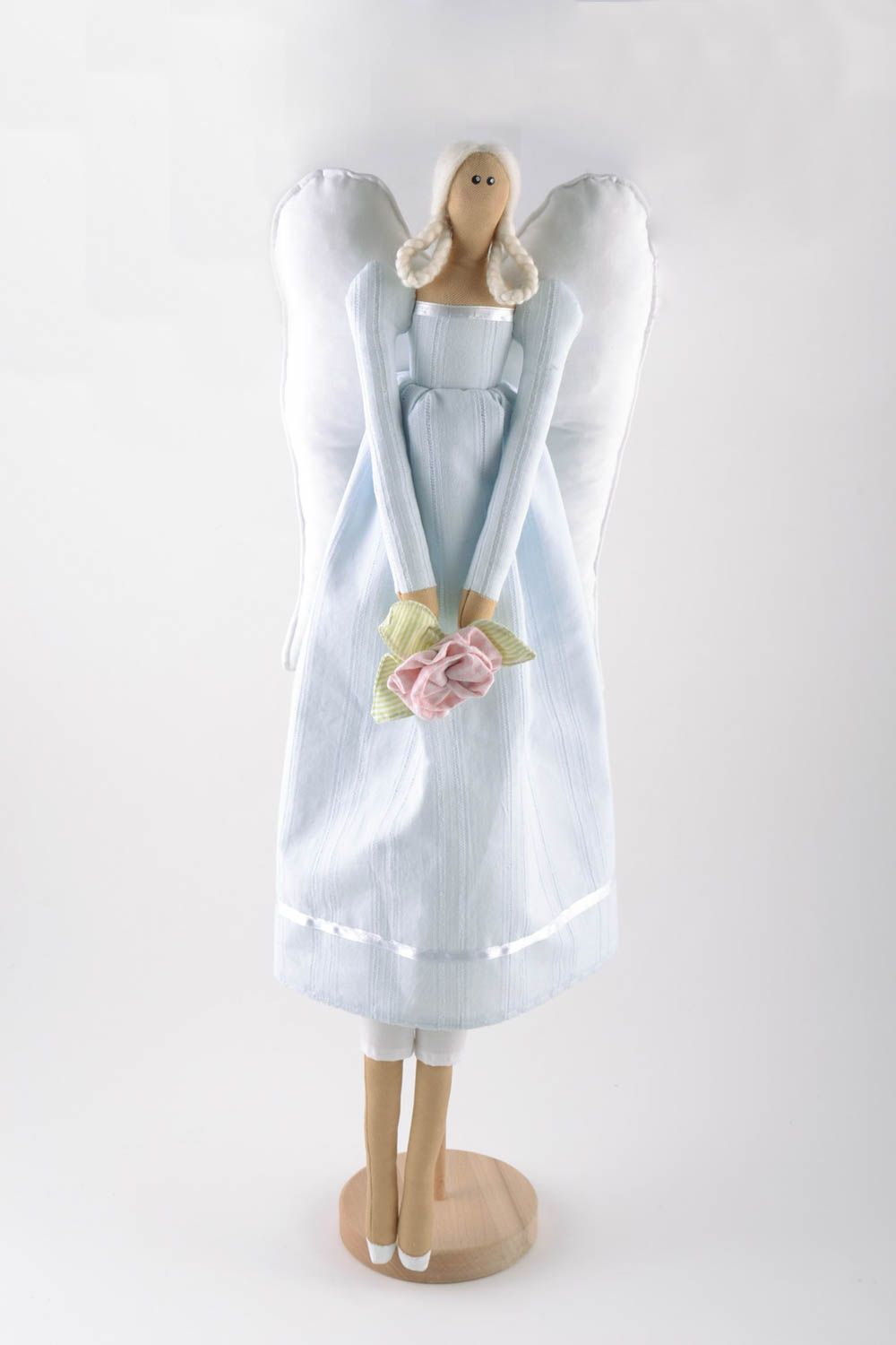 Handmade designer soft toy fairy in tender blue dress with wooden stand photo 5