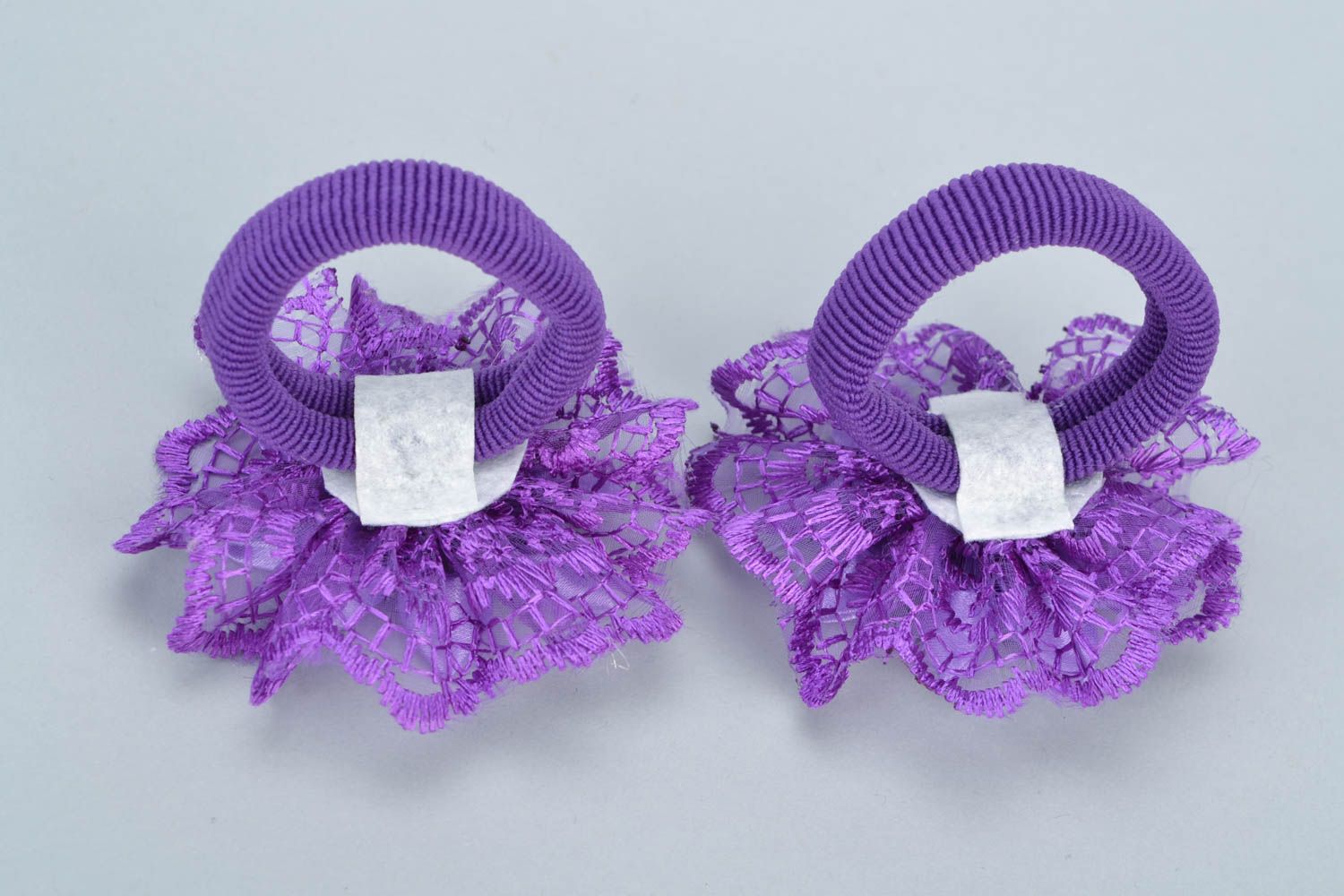 Handmade purple scrunchies with flowers made of satin ribbons kanzashi technique 2 pieces photo 4