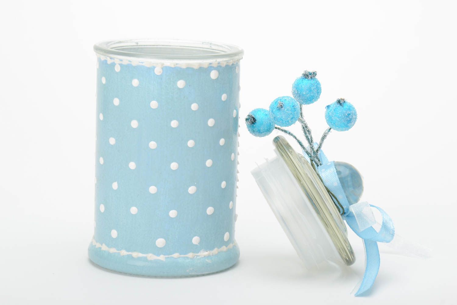 Petit pot de cuisine en verre bleu avec couvercle fait main décoratif original photo 4