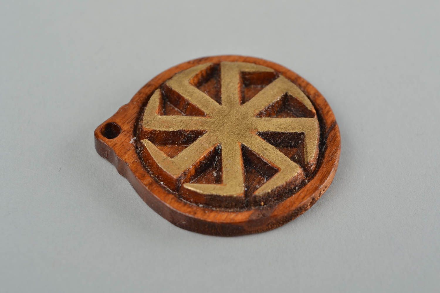 Handmade small round natural wood carved protective amulet pendant Cross of Lada photo 4