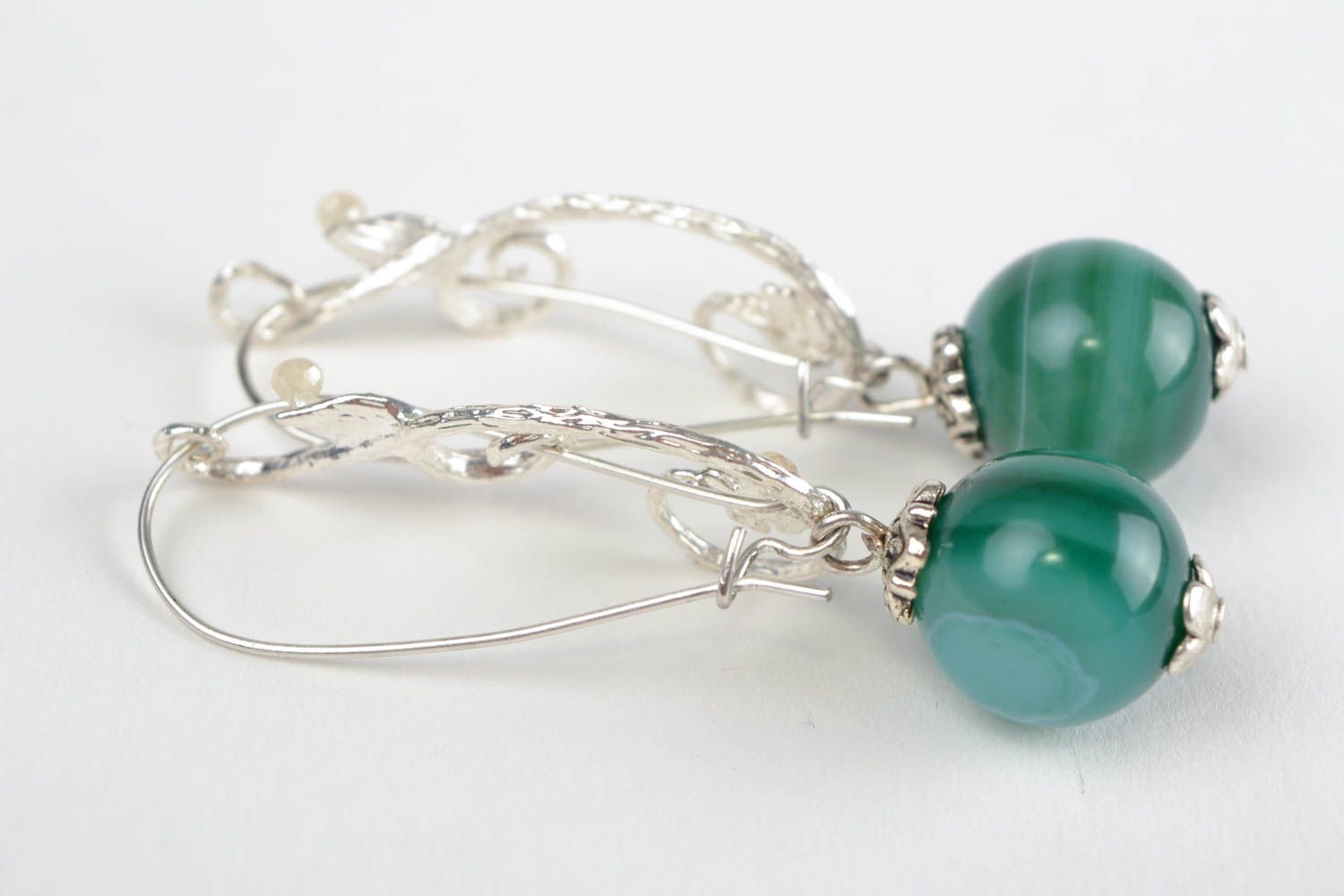 Beautiful green handmade designer gemstone earrings with agate long festive photo 5