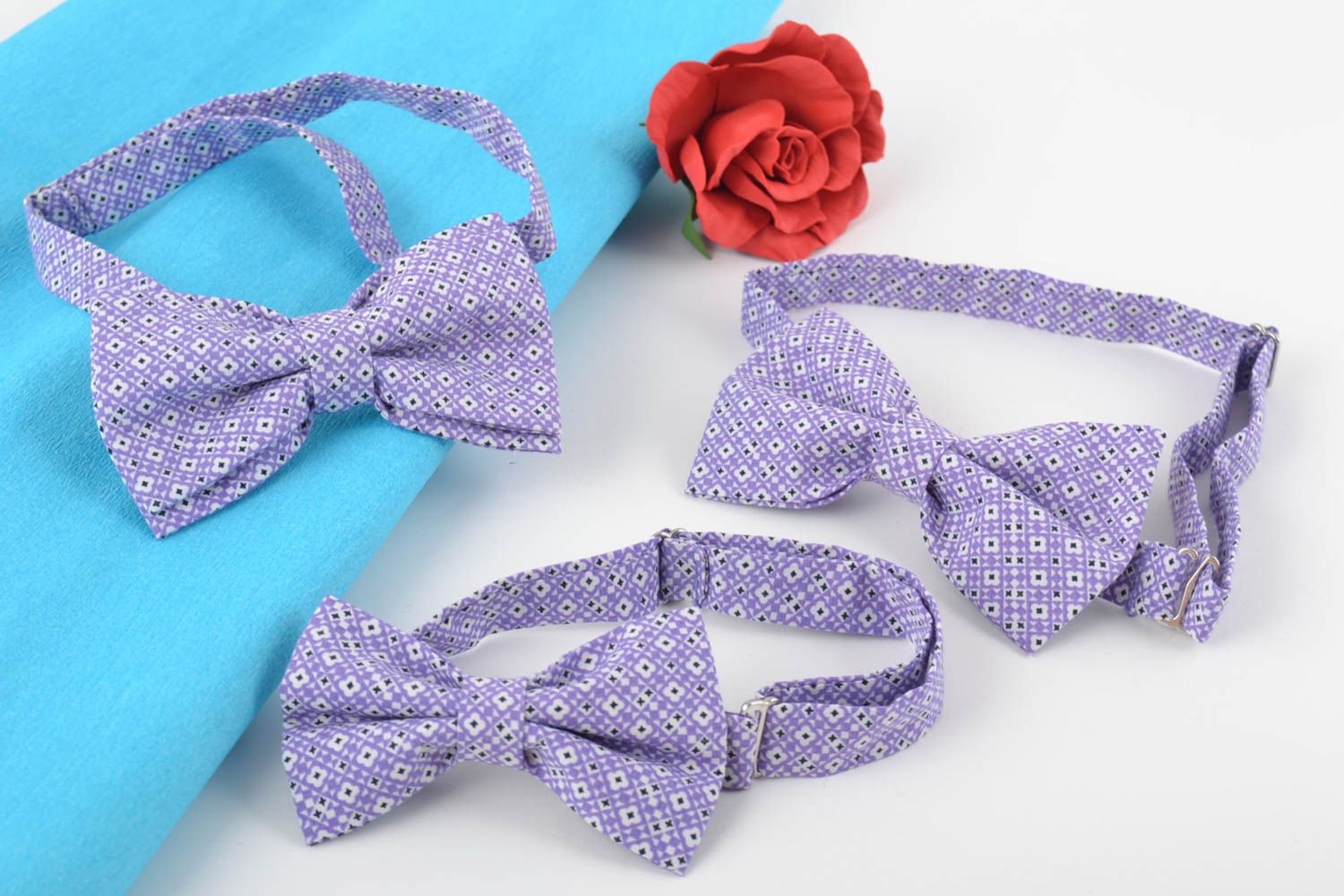 Set of 3 handmade designer fabric bow ties beautiful bright lilac photo 1