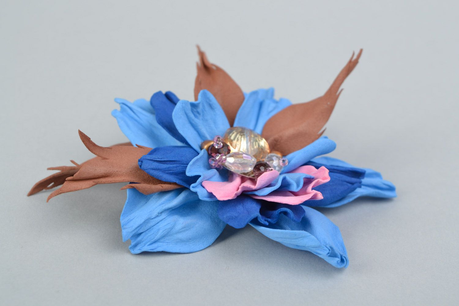 Handmade designer hair clip brooch with foamiran flower in blue and brown colors photo 5