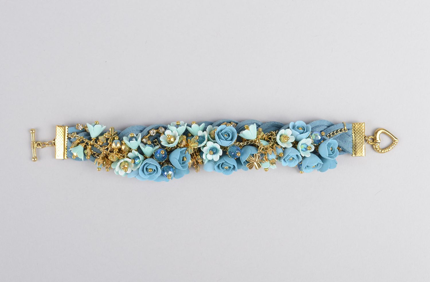 Bracelet avec fleurs bleues Bijou fait main en pâte polymère Cadeau femme photo 3