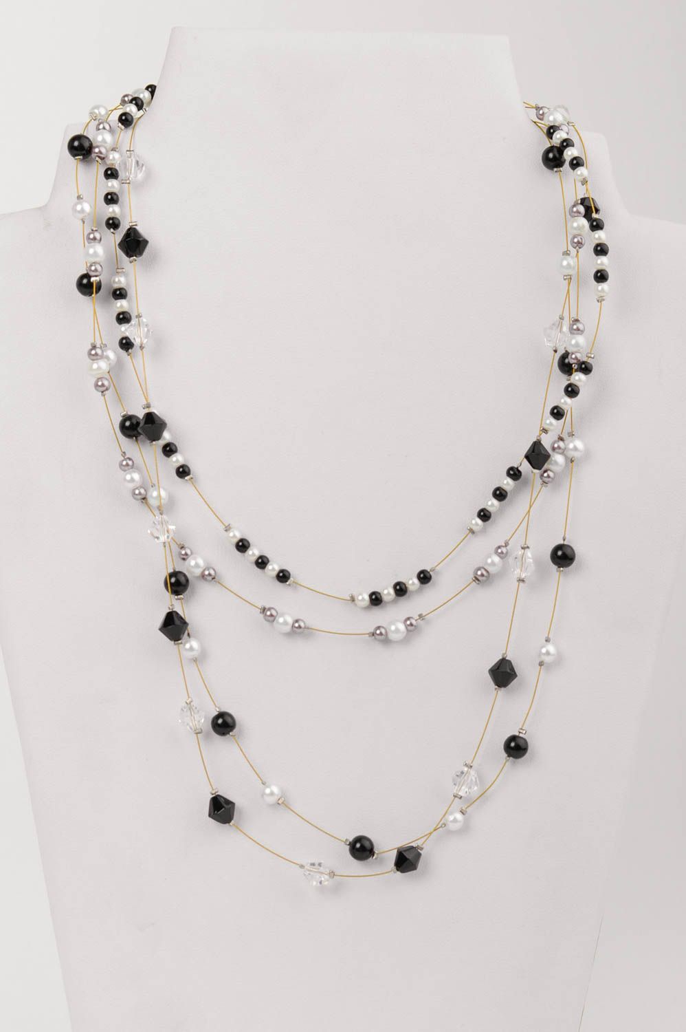 Handmade multi row black white necklace with ceramic pearls and Czech crystal photo 1