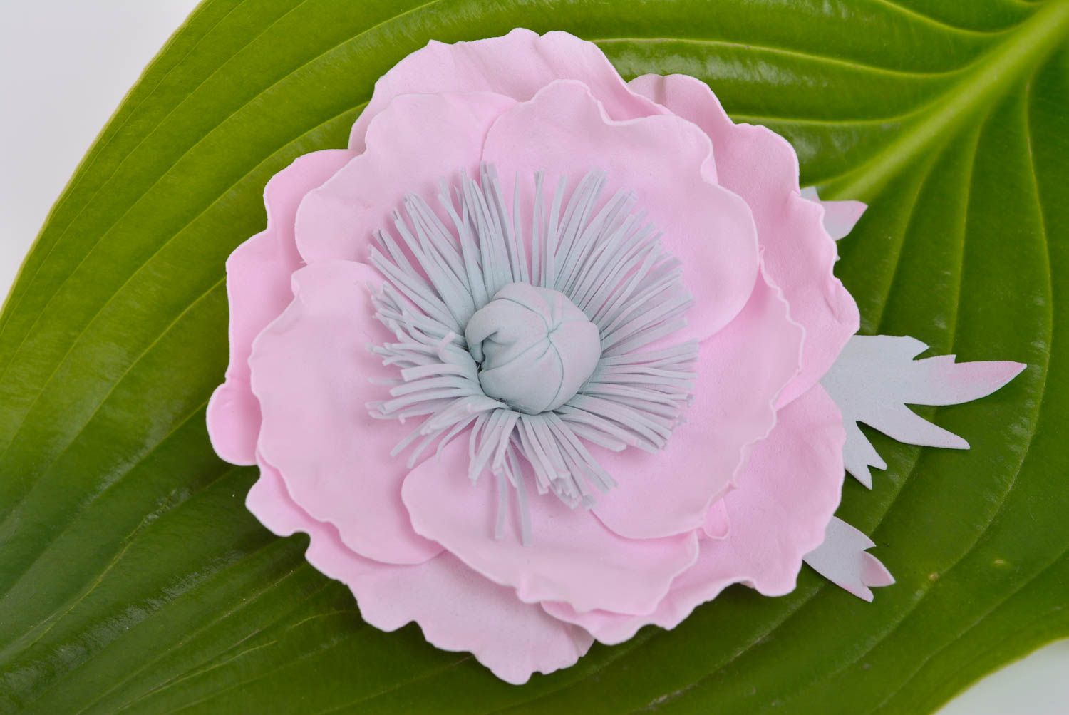 Handmade designer hair clip with large tender pink foamiran poppy flower photo 1
