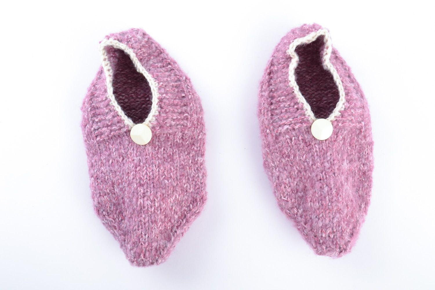 Cute warm violet handmade slippers knitted of semi-woolen yarns for women photo 2