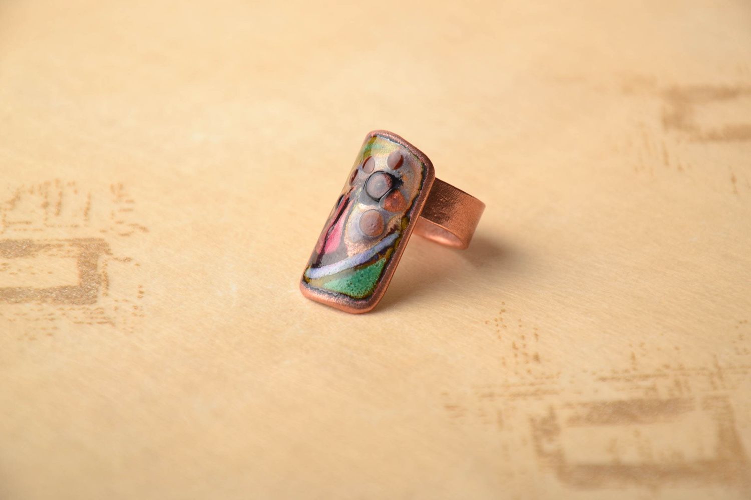 Enamel copper ring with handmade painting photo 1