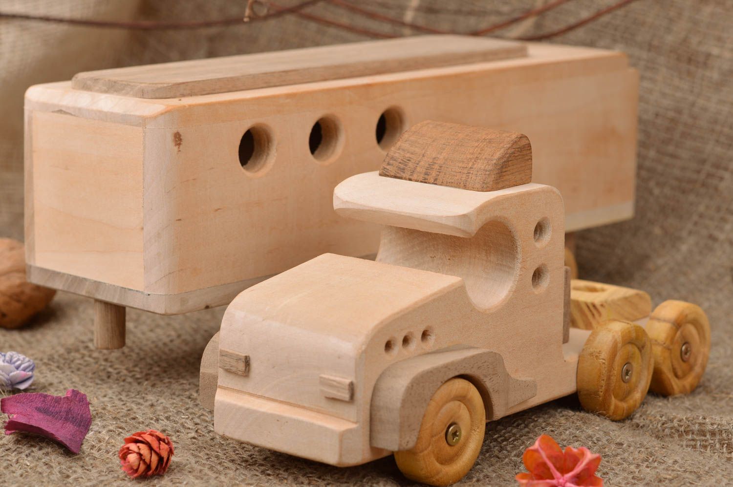 Unusual handmade wooden children's toy car for boys Trailer eco friendly photo 1