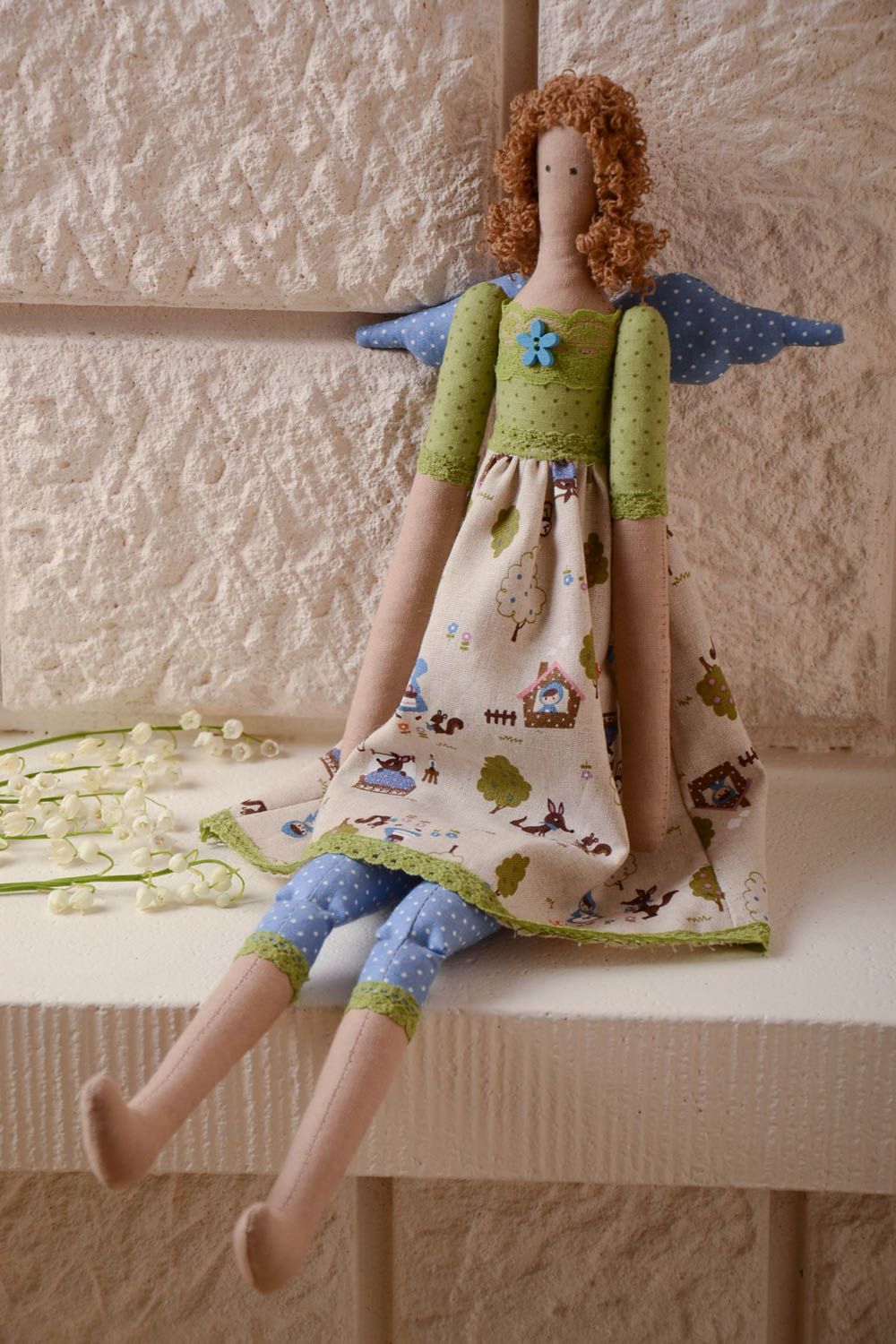 Handmade designer cotton fabric soft doll angel girl with blue wings for children photo 1