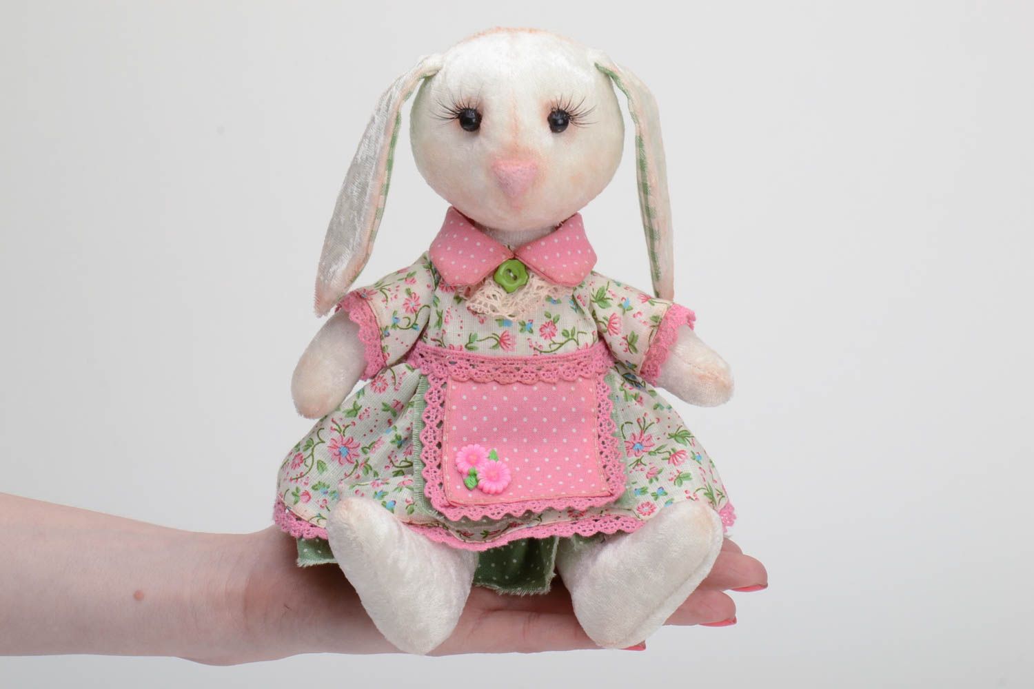 Handmade designer cotton and plush soft toy rabbit in pink floral dress for kids photo 5
