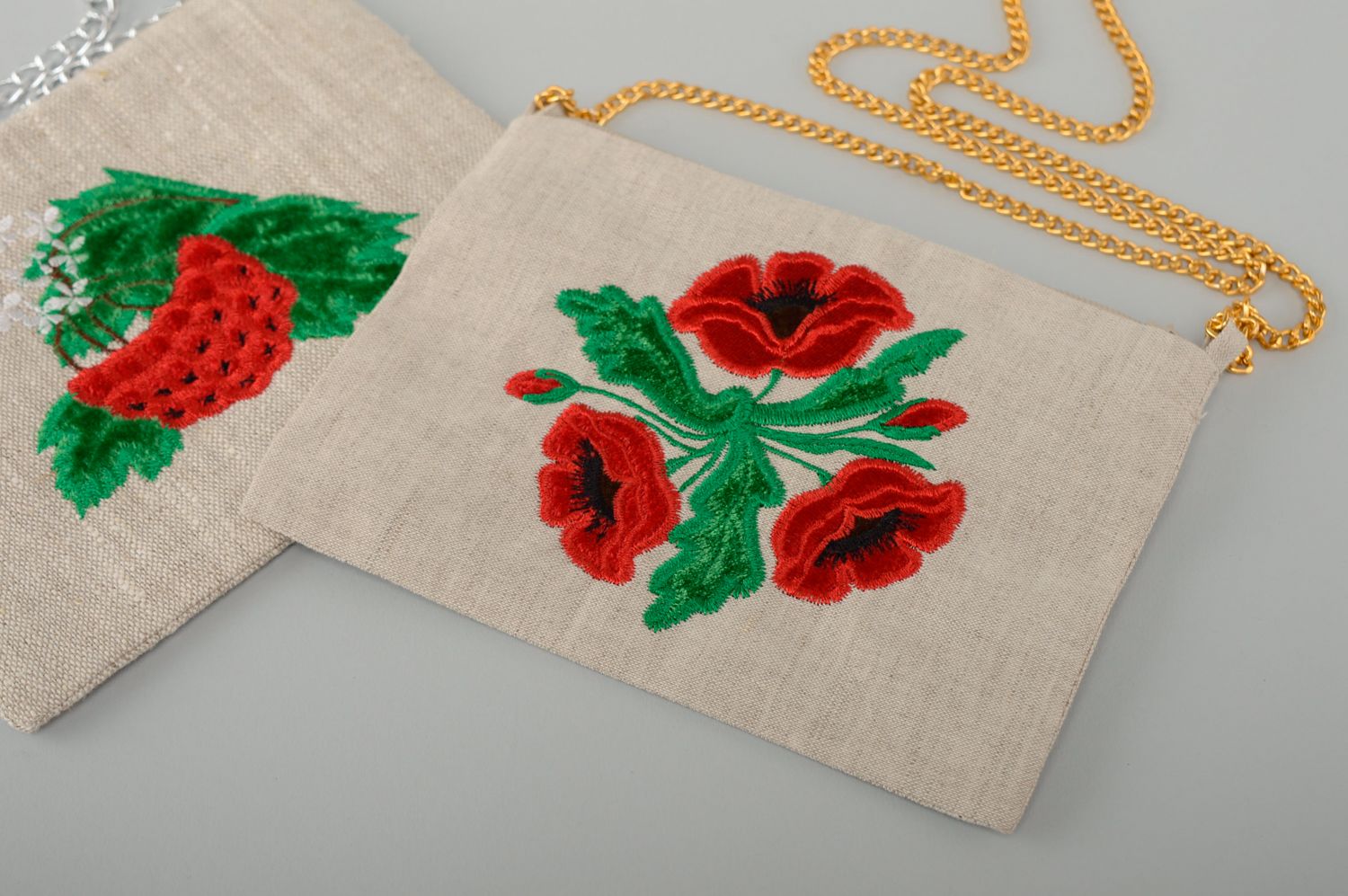 Handmade linen clutch bag with embroidery and applique work Poppies photo 5